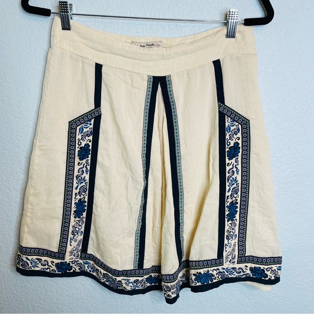 Vintage Free People Tan Blue Floral Cotton Lined Boho Mini Skirt | Size 6